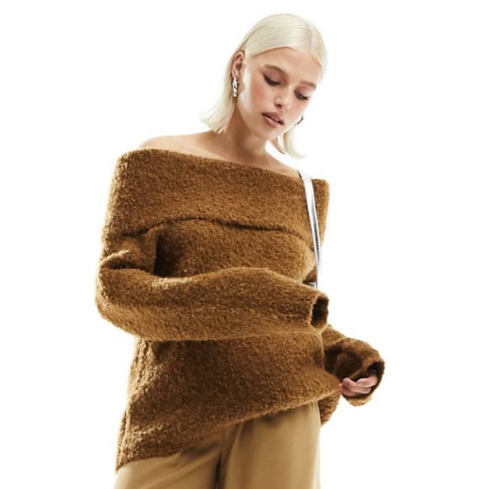 Vintage A. Giannetti Brown Marled Foldover Off The Shoulder Wool Blend Sweater